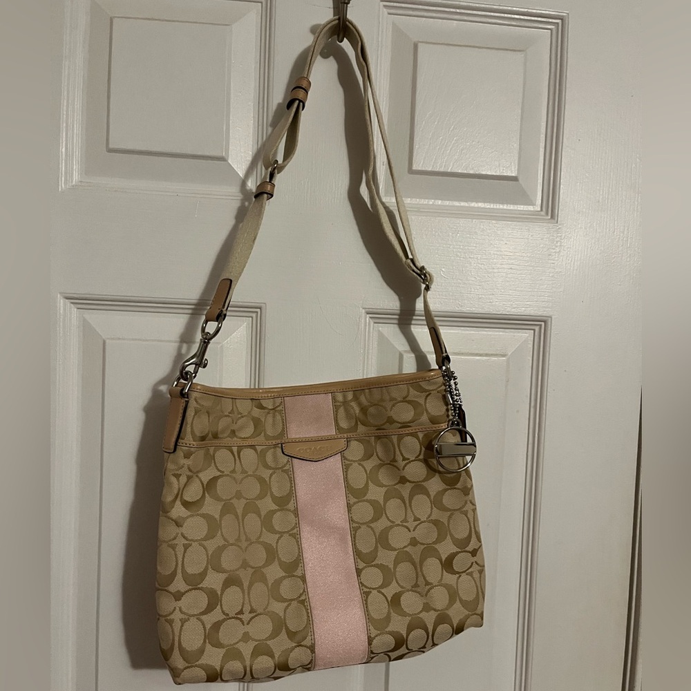 Coach Tan and Pink Signature Shoulder Bag